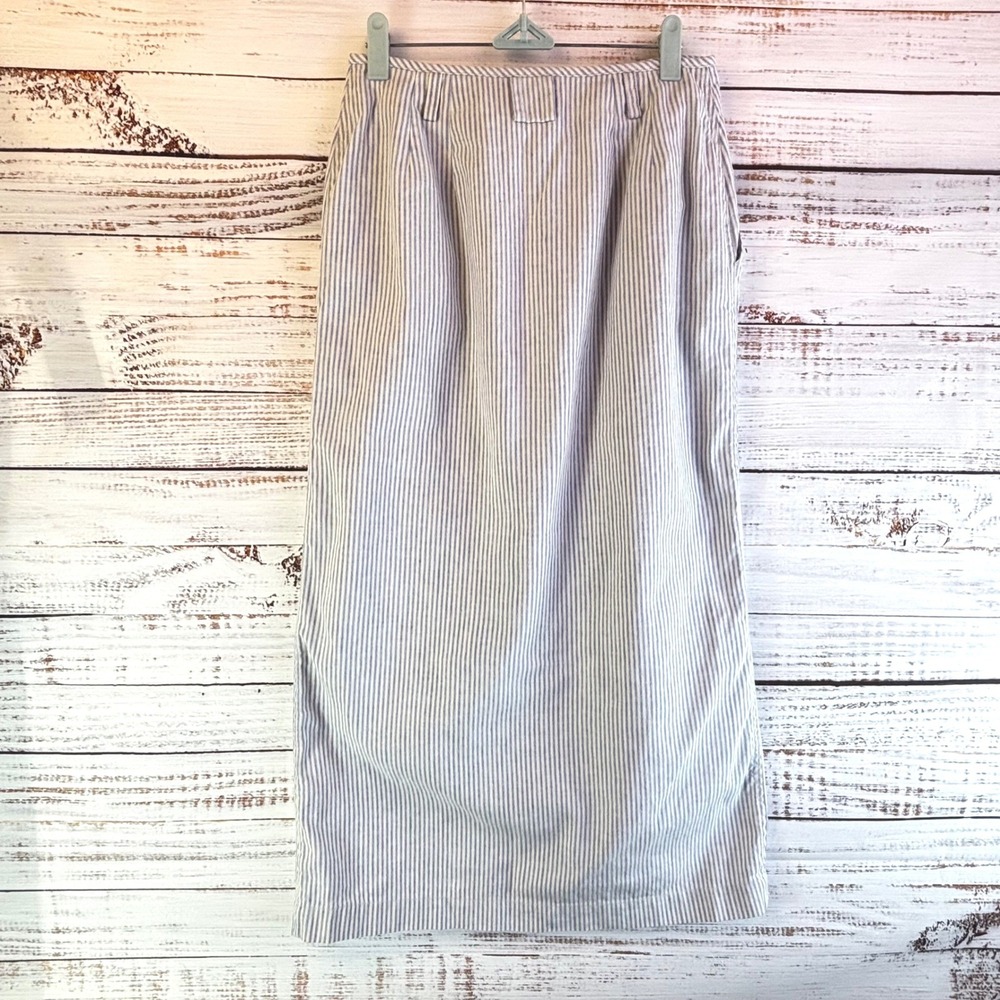Vintage Long Pencil Skirt Skirt 10 Blue White Stripe Linen/Cotton Structured - Picture 6 of 9